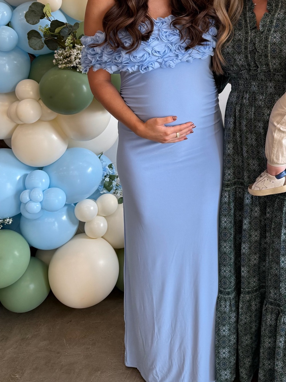 Off-Shoulder Light Blue Floral Appliqué Maxi Dress